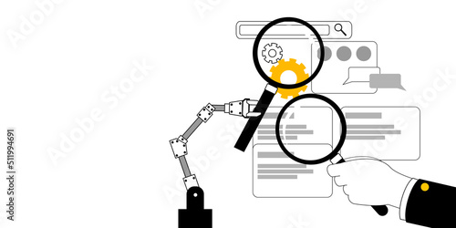 A human hand and a robotic arm with magnifying glasses are looking for errors in a mobile application. Vector illustration on the topic of mobile development and testing. Horizontal banner template.