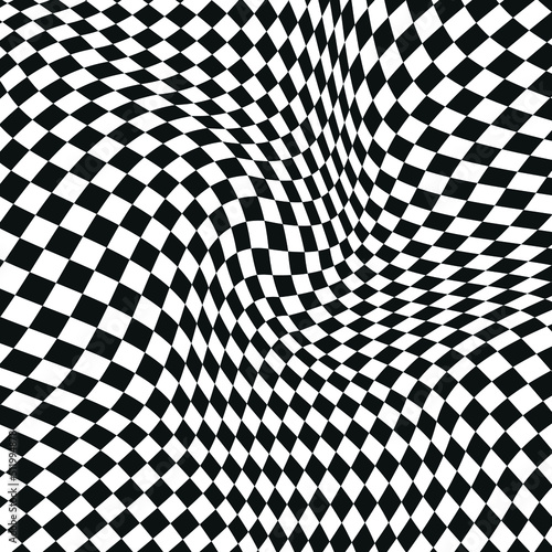 Distorted checkered seamless pattern design. Abstract optical illusion of Black and white geometric pattern, psychedelic, hypnotic, hypnotised chess board art with Optical art as background pattern
