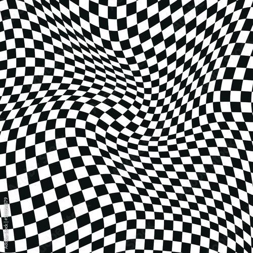 Distorted checkered seamless pattern design. Abstract optical illusion of Black and white geometric pattern, psychedelic, hypnotic, hypnotised chess board art with Optical art as background pattern