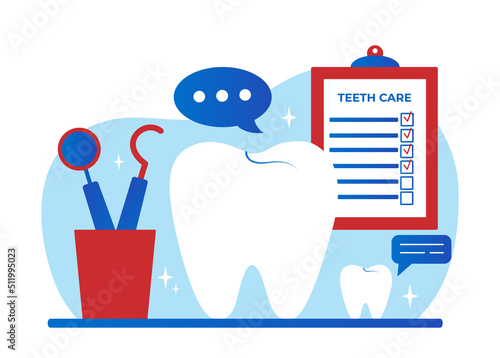 Dental care concept. Information poster or banner, health care. Reminder sheet for daily activities and routine, hygiene. Teeth cleaning and protection metaphor. Cartoon flat vector illustration