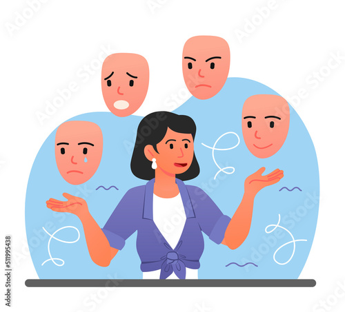 Woman under mask. Psychological problems and mental health. Young girl pretends, lying and hides her real emotions. Bipolar disorder and frequent mood swings. Cartoon flat vector illustration