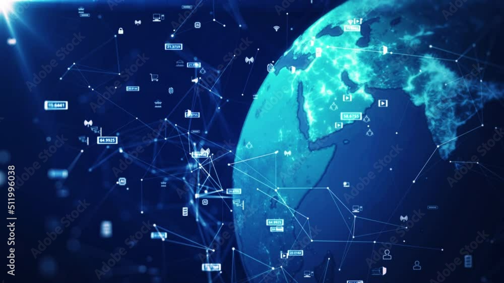 concept of global internet network connection technology. The world on the right has a binary code polygon and slow moving small icons on a dark blue background. Cybersecurity and Internet of Things.