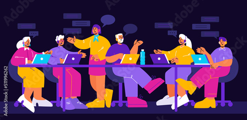 Customer support service, hotline call center helpdesk, online help. Technical specialist solve client problems via internet. Operator staff in headset work on computer, Line art vector illustration