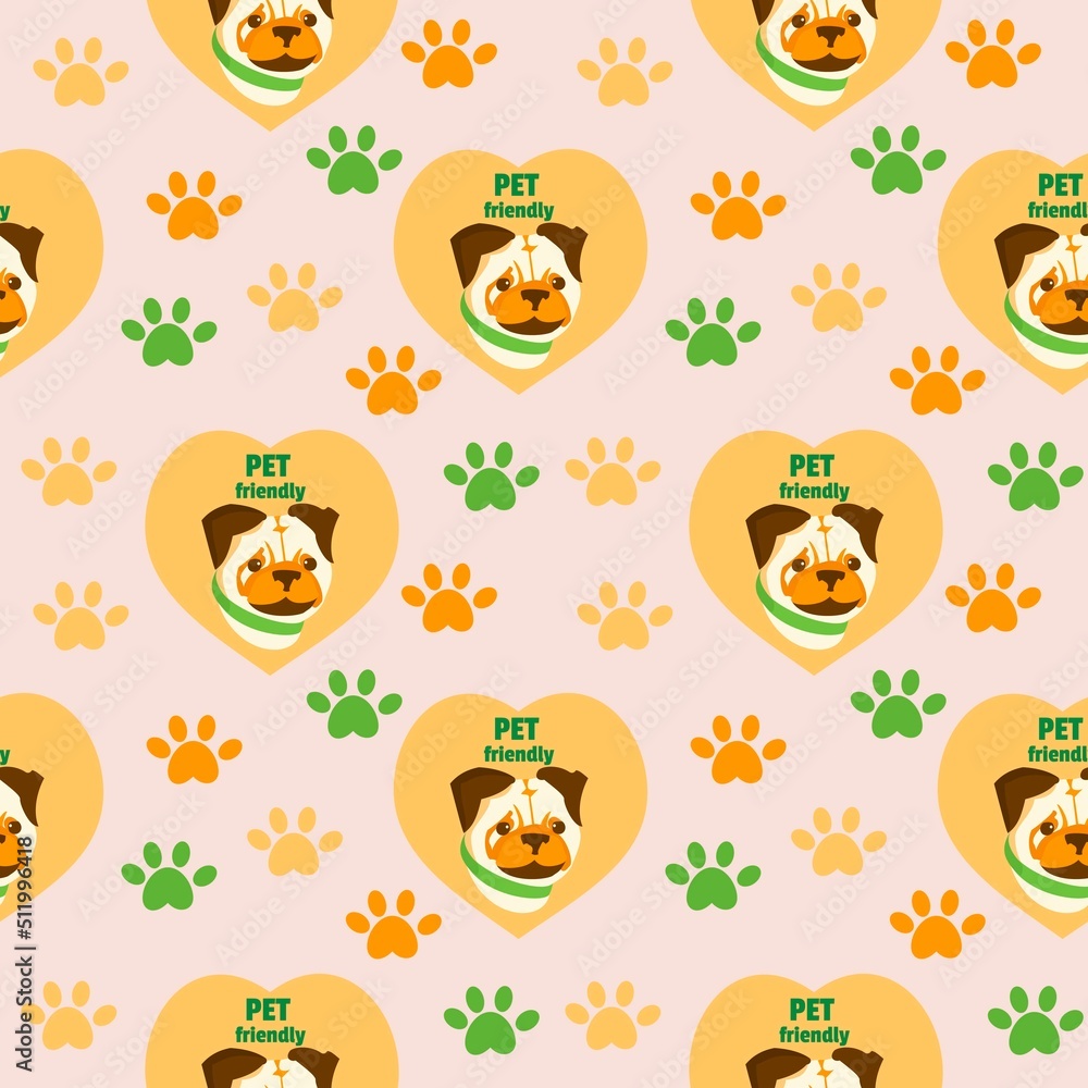 Fototapeta premium Seamless pattern with cute dog. Pug in heart, dog friendly text and finger print Vector illustration for kids room, pet hotel or zoo market