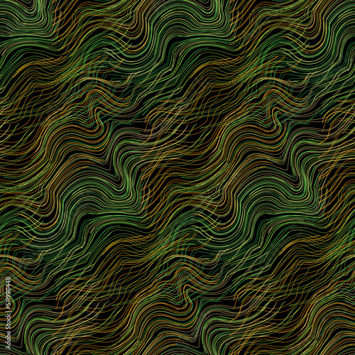 Abstract fluid, liquid seamless pattern. Green, orange, bronze, gold wavy curved lines on black background. Psychedelic fantasy texture