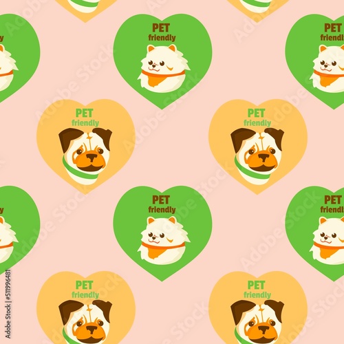 Seamless pattern with cute dogs. Pug and spitz in heart and dog friendly text Vector illustration for kids room, pet hotel or zoo market