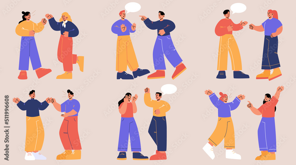 Set of couples quarrel, angry characters conflict. Husband and wife or friends scandal, family relations, domestic violence, spousal abuse. People swear and argue, Line art flat vector illustration Set of couples quarrel, angry characters conflict. Husband and wife or friends scandal, family relations, domestic violence, spousal abuse. People swear and argue, Line art flat vector illustration