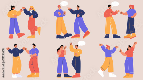 Set of couples quarrel, angry characters conflict. Husband and wife or friends scandal, family relations, domestic violence, spousal abuse. People swear and argue, Line art flat vector illustration