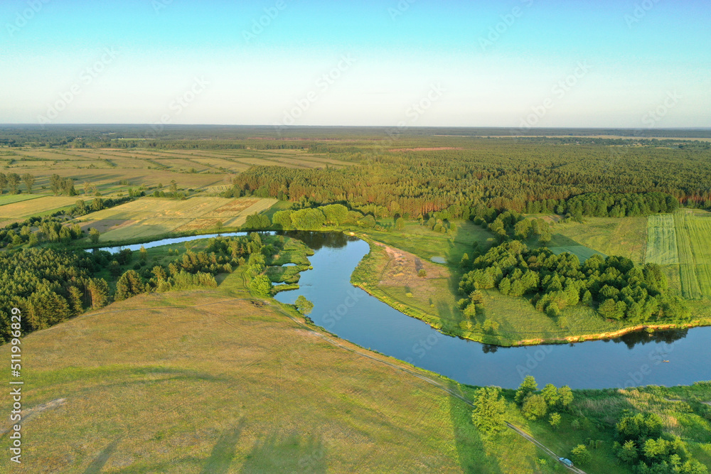Aerial view of natural river during morning - obrazy, fototapety, plakaty 