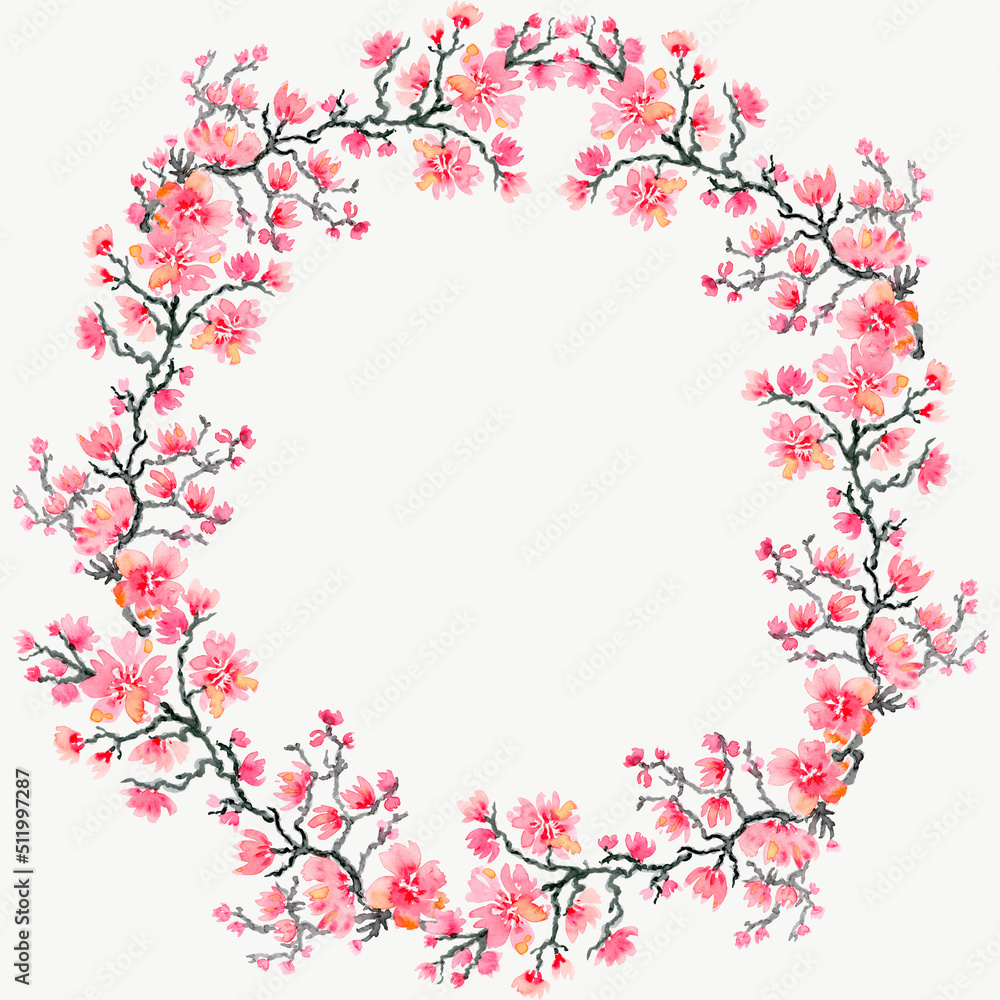 Watercolor frame sakura pink flowers.Asian motifs. For wedding invitation.