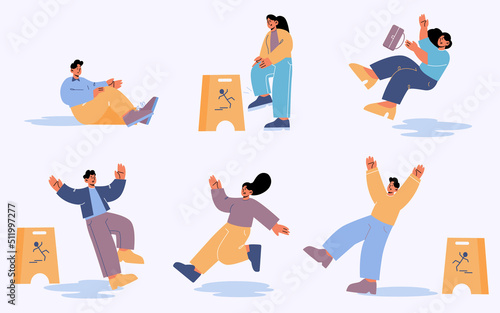 Set of people slip on wet floor or stumble. Characters fall down near caution sign. Men and women stumbling, falling, slide on water puddle, tumble accidents, risk, Line art flat vector illustration