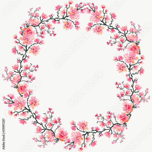 Watercolor frame sakura pink flowers.Asian motifs. For wedding invitation.