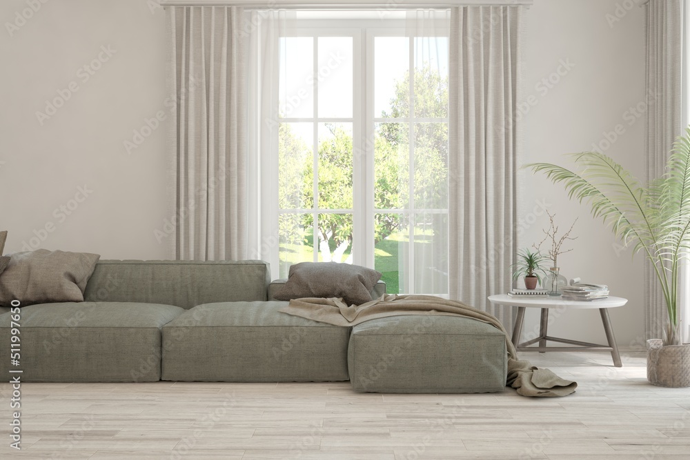 Fototapeta premium White living room with sofa and summer landscape in window. Scandinavian interior design. 3D illustration