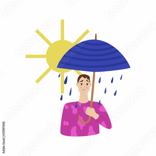 A symbol of depression. A sad young man under an open umbrella from which it is raining. The sun is shining nearby and the weather is good. Vector illustration in flat style. A frustrated character.