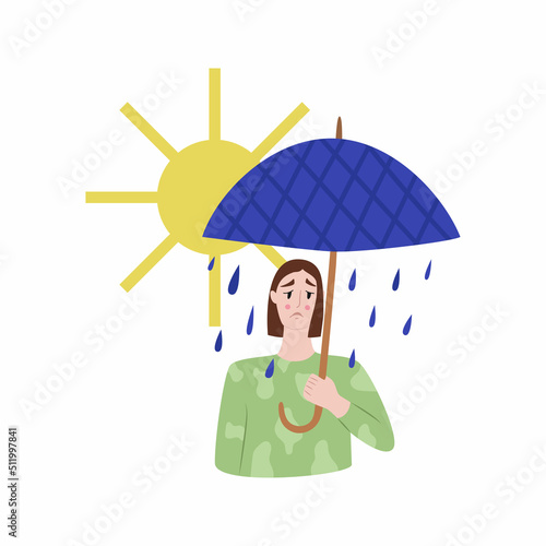 Sad girl under an open umbrella from which it is raining. The sun is shining nearby and the weather is good. Vector illustration in flat style. Depression.