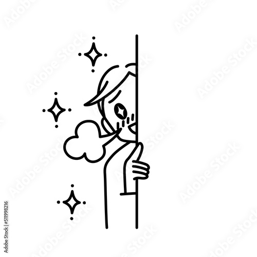 壁になりたい（壁に隠れて覗き見る）男性のイラスト（白背景・ベクター・切り抜き）