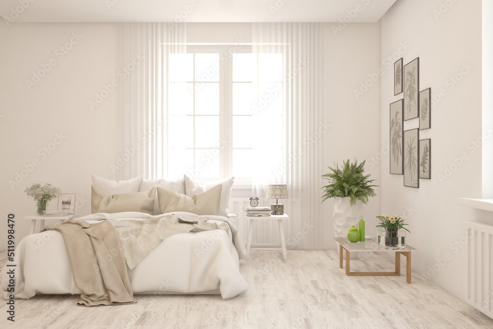 Naklejka premium Soft color bedroom interior. Scandinavian design. 3D illustration