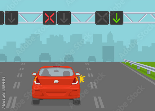 Driving a car. Red sedan car on a highway with lane control lights. Safe driving and traffic regulation rules. Flat vector illustration template. photo