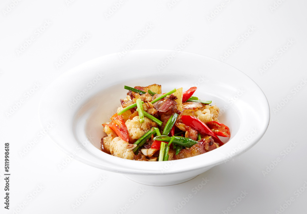 Delicious Chinese food, fried cauliflower with bacon