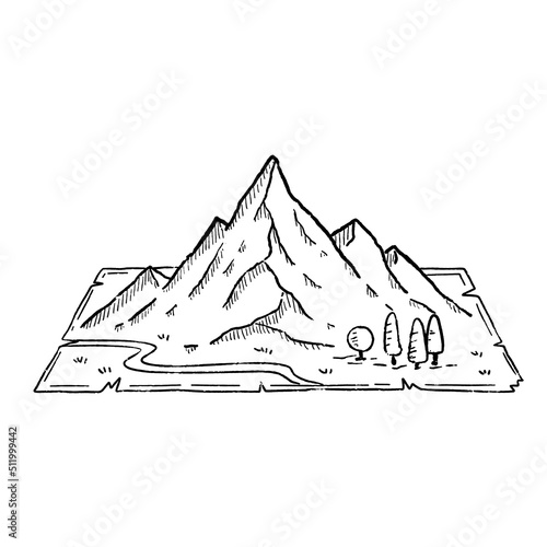 Mountains in engraving style. Landscape on map. Rocky peak and nature. Retro travel and hike in highlands. Medieval old manuscript