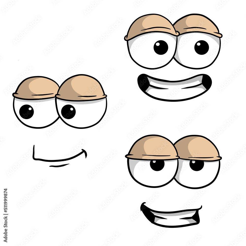 Fototapeta premium Funny eyes with emotions. Different smiles and faces. Cartoon character.