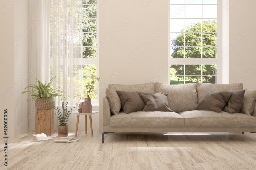 White living room with sofa and summer landscape in window. Scandinavian interior design. 3D illustration White living room with sofa and summer landscape in window. Scandinavian interior design. 3D illustration