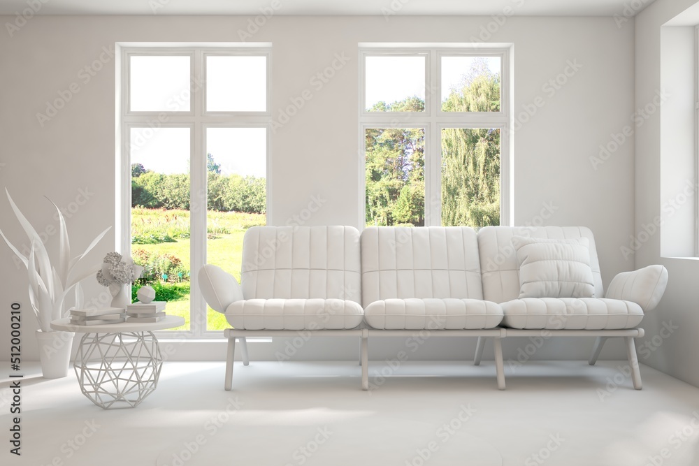 Fototapeta premium Mock up of stylish room in white color with sofa and green landscape in window. Scandinavian interior design. 3D illustration