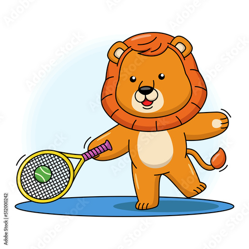 Cartoon illustration of cute lion playing tennis