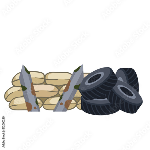Barricade. Wall of sandbags and tires. Military outpost.