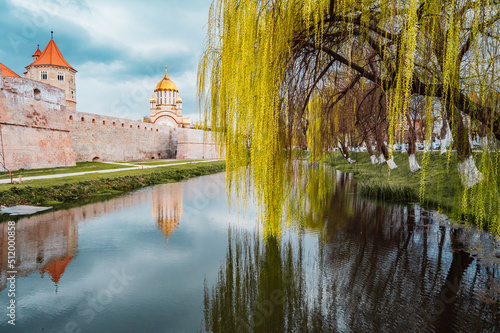 Fagaras, Romania. Spring green blossom landscape with Fagaras Fortress, Transylvania. Catedrala Sfantul Ioan Botezatorul photo