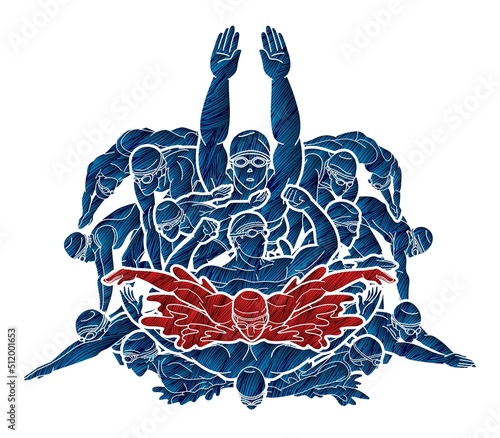 Group of People Swimming Together Swimmer Action Cartoon Sport Graphic Vector