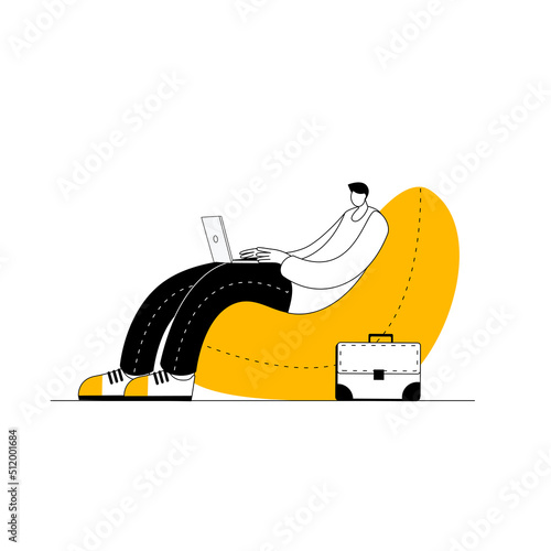 A man with a laptop is sitting in a bag chair. A vector character in a flat style on the topic of remote employees and working from home.