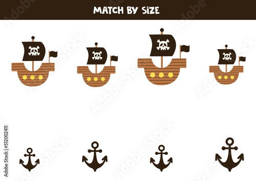 Matching game for preschool kids. Match pirate ships and anchors by size.