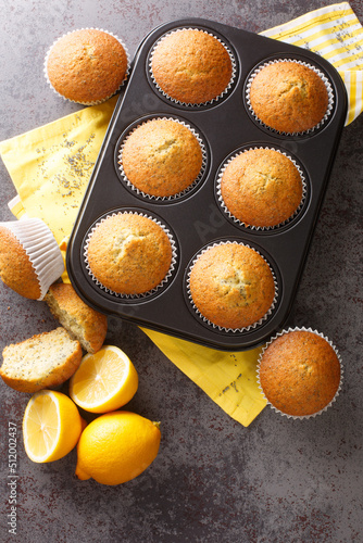 Tasty muffins with poppy seeds and lemon close-up in a metal muffin pan on the table. vertical top view from above photo