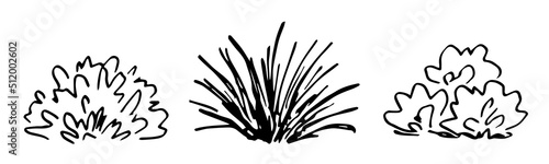 Simple hand drawn black outline vector drawing. Shrub of various shapes, bush of grass. Landscape element, nature and vegetation. Sketch in ink.