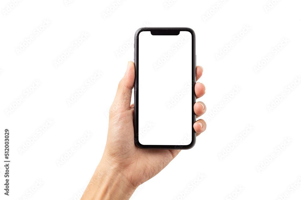 Hand business man holding mobile smartphone with blank screen with ...