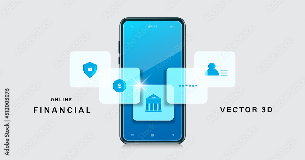Banking icons and finance related icons pop up on the front. smartphone screen,vector 3d isolated on white background for Advertisements about online financial theft protection systems technology Banking icons and finance related icons pop up on the front. smartphone screen,vector 3d isolated on white background for Advertisements about online financial theft protection systems technology