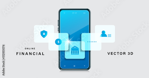 Banking icons and finance related icons pop up on the front. smartphone screen,vector 3d isolated on white background for Advertisements about online financial theft protection systems technology