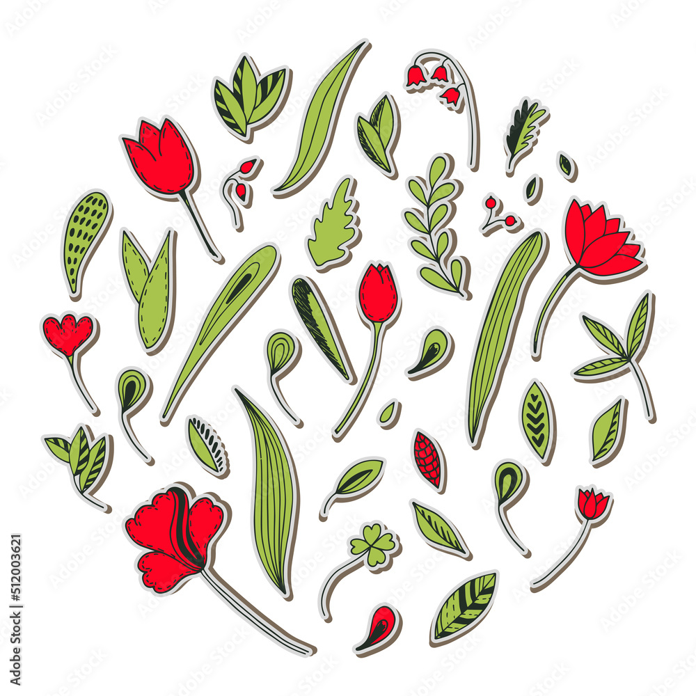 Vector set of stickers with floral elements. Collection of hand drawn flowers, leaves, ornamental plants. Flat illustration on the theme of nature, spring card Vector set of stickers with floral elements. Collection of hand drawn flowers, leaves, ornamental plants. Flat illustration on the theme of nature, spring card