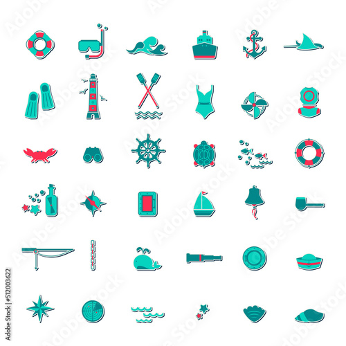 Vector sticker icon set on the theme of the sea, navigation, travel, tourism, diving. Nautical illustration of seafaring objects, sailing equipment