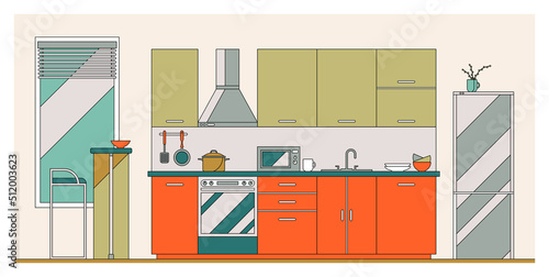 Fototapeta Naklejka Na Ścianę i Meble -  Vector flat illustration, modern kitchen interior. Furniture, kitchenware and utensil. Food preparation equipment, appliances