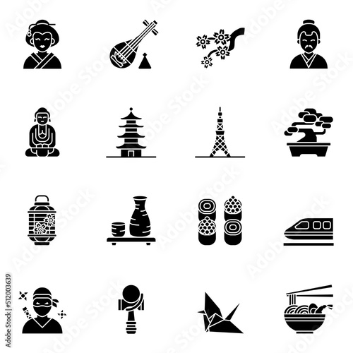 Japan culture black glyph icons set 1 with white background.