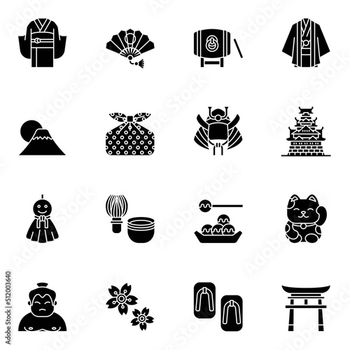 Japan culture black glyph icons set 2 with white background.
