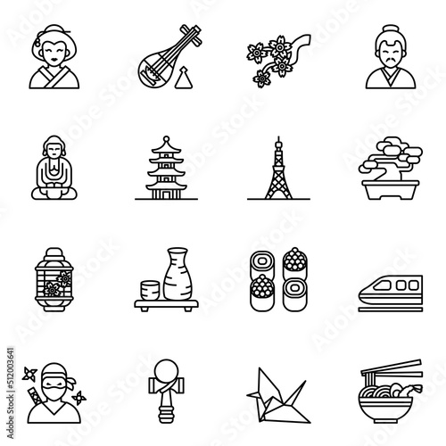 Japan culture icons set 1 with white background. thin line style stroke vector.