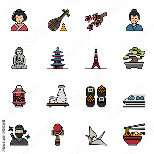 Japan culture colored outline icons set 1 with white background.