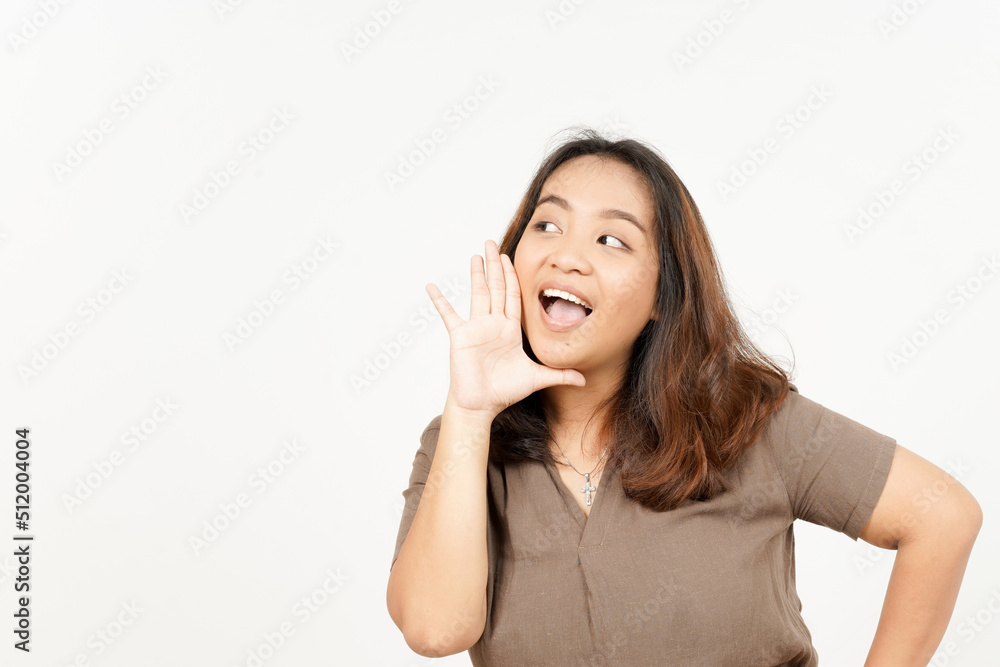 Shouting out loud with hands over mouth of Beautiful Asian Woman Isolated On White Background Shouting out loud with hands over mouth of Beautiful Asian Woman Isolated On White Background