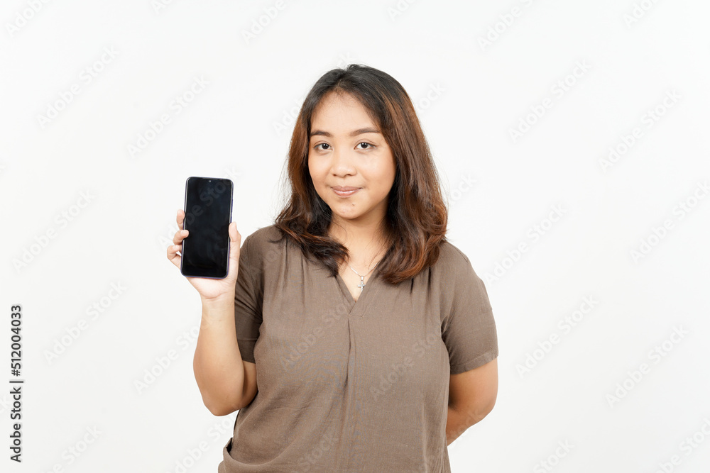 Showing Apps or Ads On Blank Screen Smartphone of Beautiful Asian Woman Isolated On White Background Showing Apps or Ads On Blank Screen Smartphone of Beautiful Asian Woman Isolated On White Background