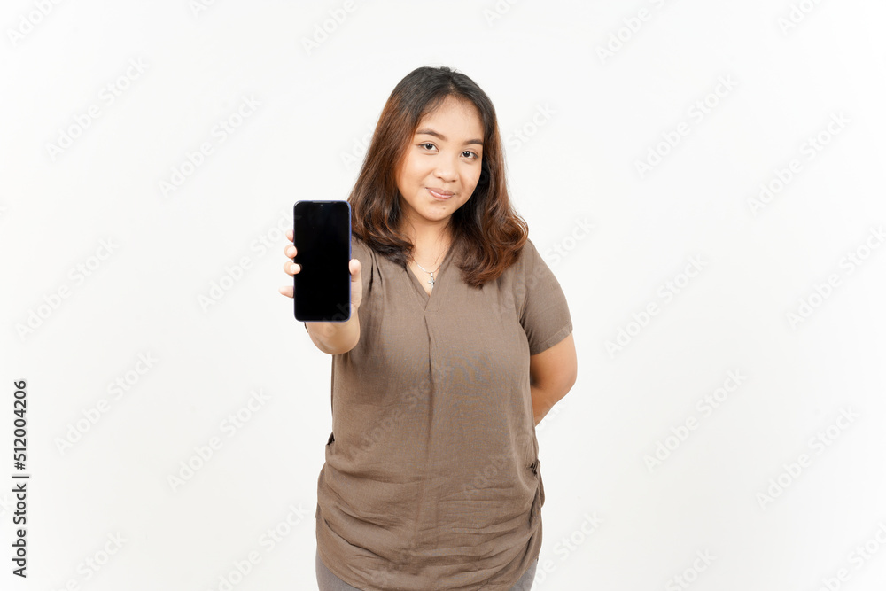 Showing Apps or Ads On Blank Screen Smartphone of Beautiful Asian Woman Isolated On White Background Showing Apps or Ads On Blank Screen Smartphone of Beautiful Asian Woman Isolated On White Background