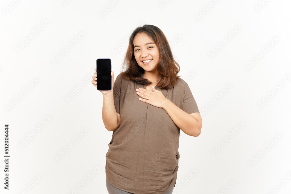 Showing Apps or Ads On Blank Screen Smartphone of Beautiful Asian Woman Isolated On White Background Showing Apps or Ads On Blank Screen Smartphone of Beautiful Asian Woman Isolated On White Background