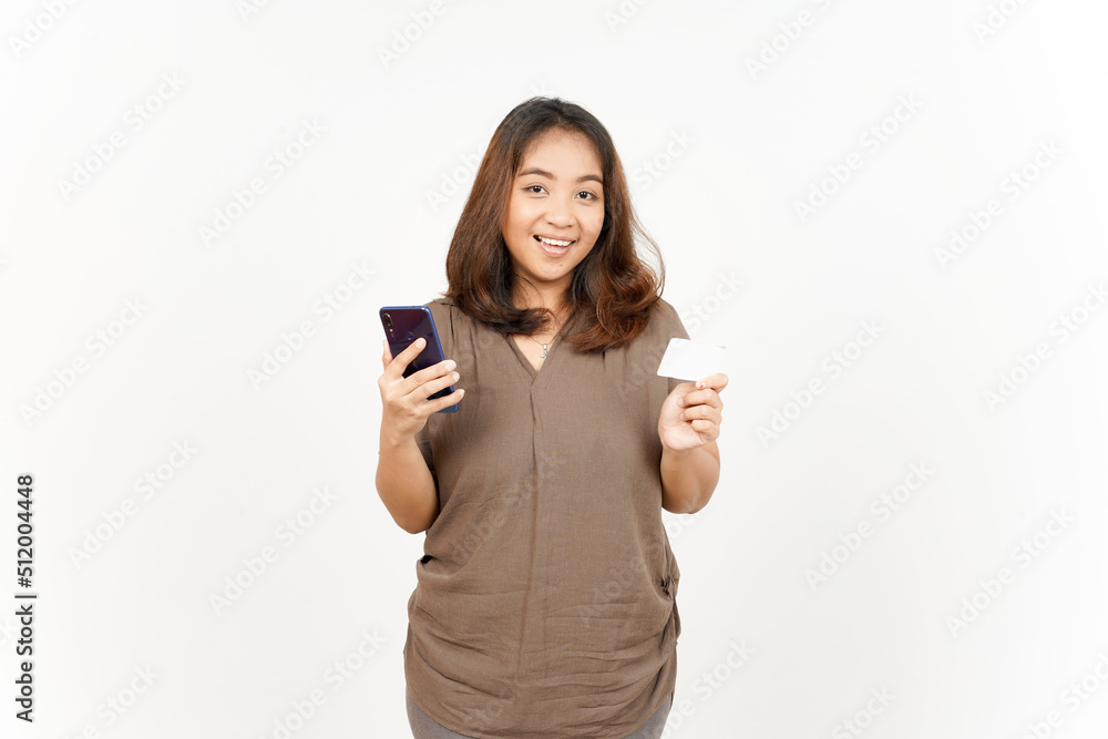 Holding Smartphone and credit card of Beautiful Asian Woman Isolated On White Background Holding Smartphone and credit card of Beautiful Asian Woman Isolated On White Background